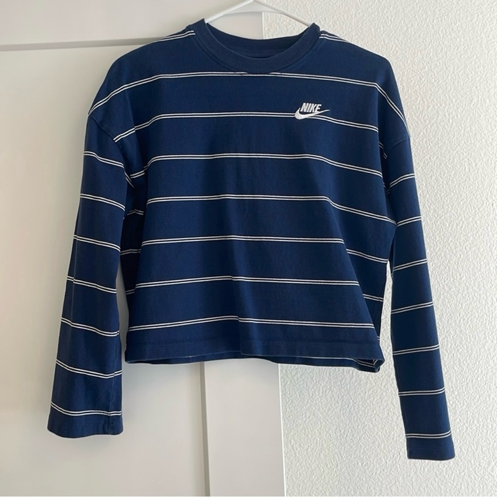 NIKE Cotton Navy Blue Striped Long Sleeve Top